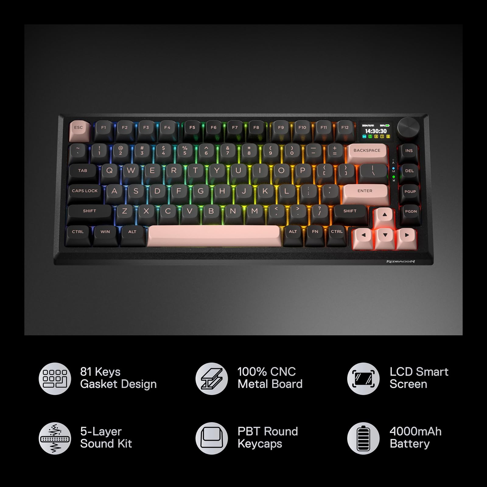 Redragon K673 Pro Wireless RGB Gaming Keyboard with Custom Knob