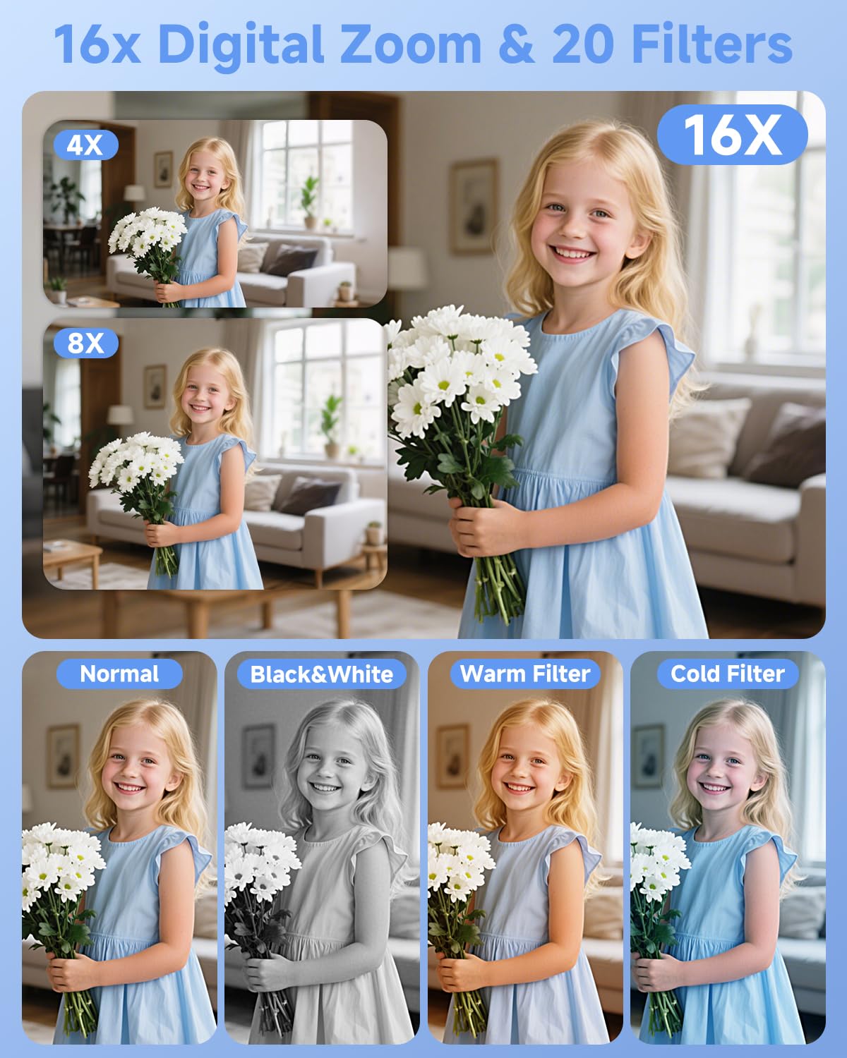 44MP Compact Digital Camera with 16X Zoom for Kids