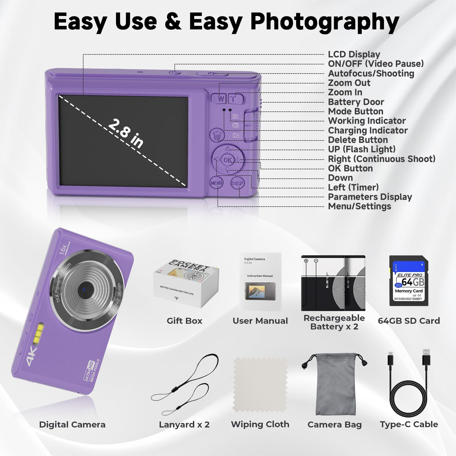 FHD 4K Digital Camera for Kids with 16X Zoom