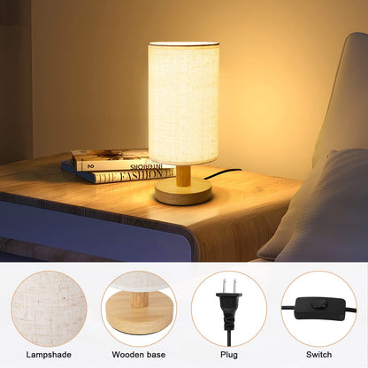 Small Bedside Lamp With Wood Base And Round Warm White Shade