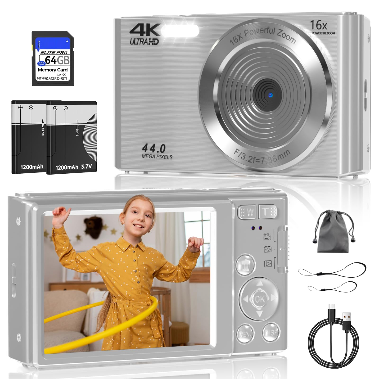 FHD 4K Digital Camera for Kids with 16X Zoom