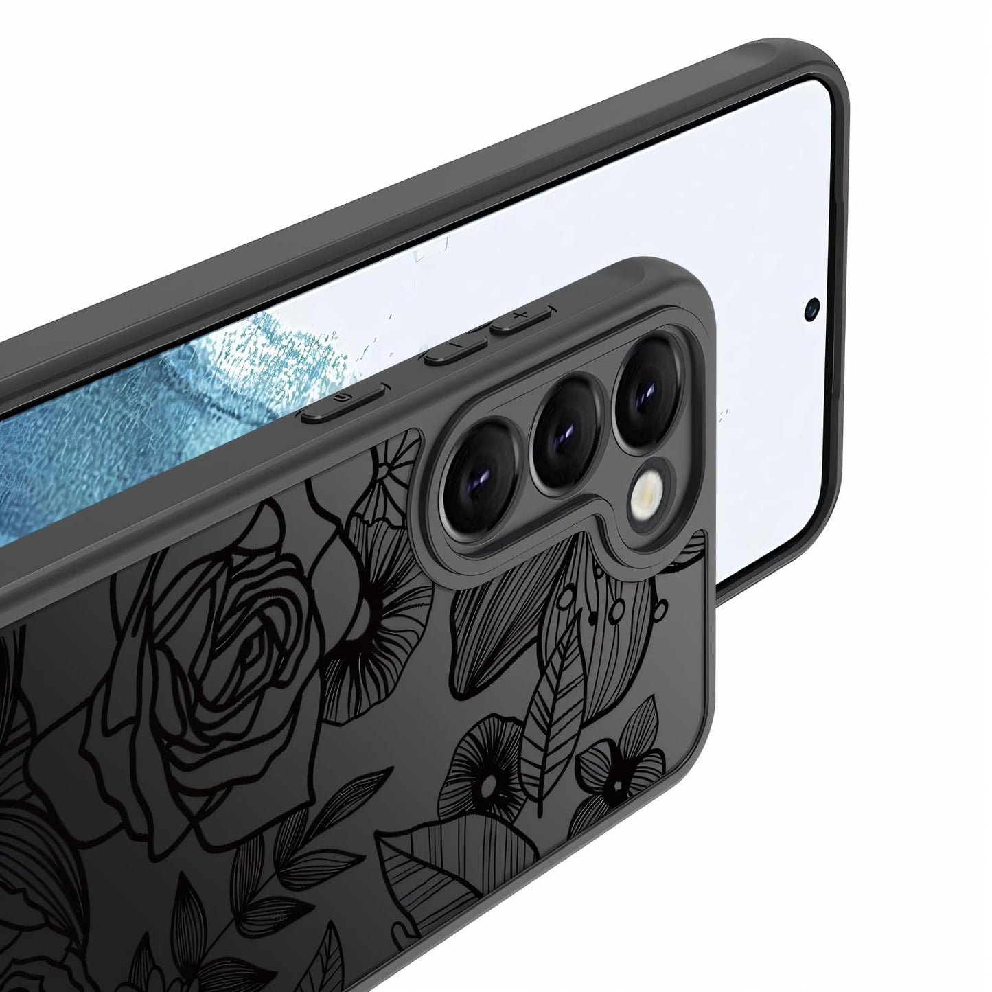 Samsung Galaxy A16 5G Case Black Line Art Floral Rose Pattern Heavy Duty PC
