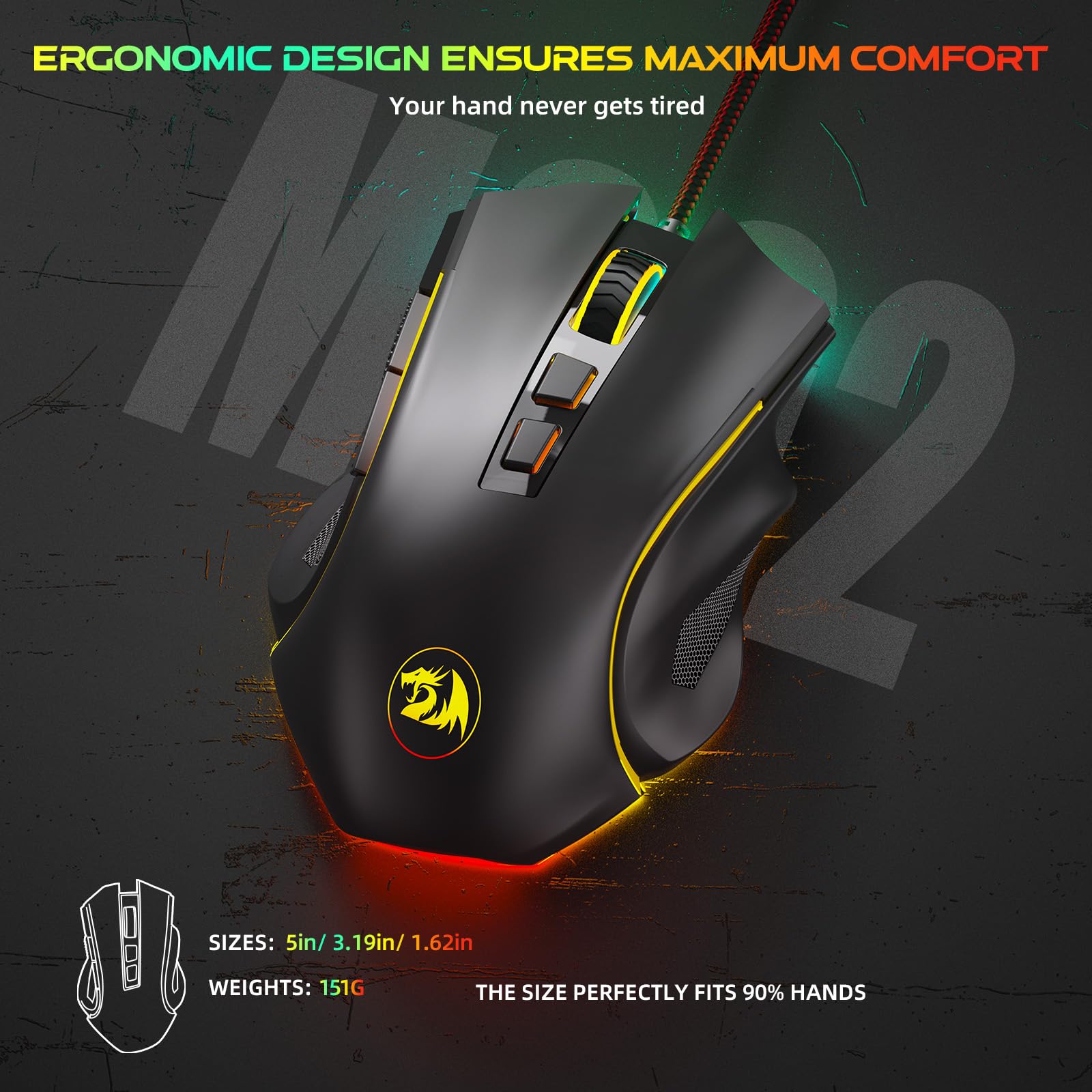 Redragon M602 Ergonomic RGB Gaming Mouse with Adjustable DPI