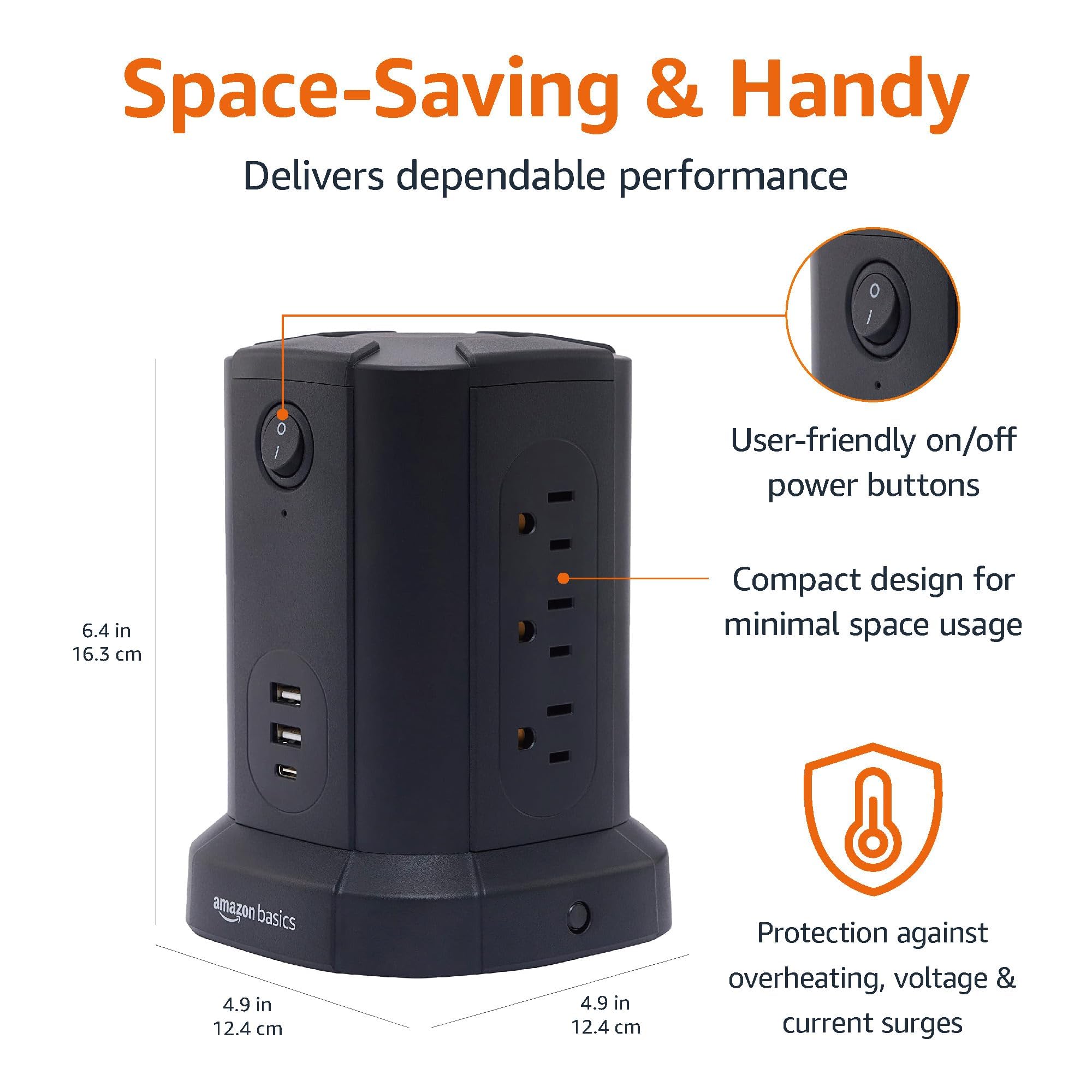 Amazon Basics Power Strip Tower Surge Protector USB Ports