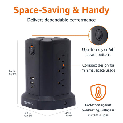 Amazon Basics Power Strip Tower Surge Protector USB Ports