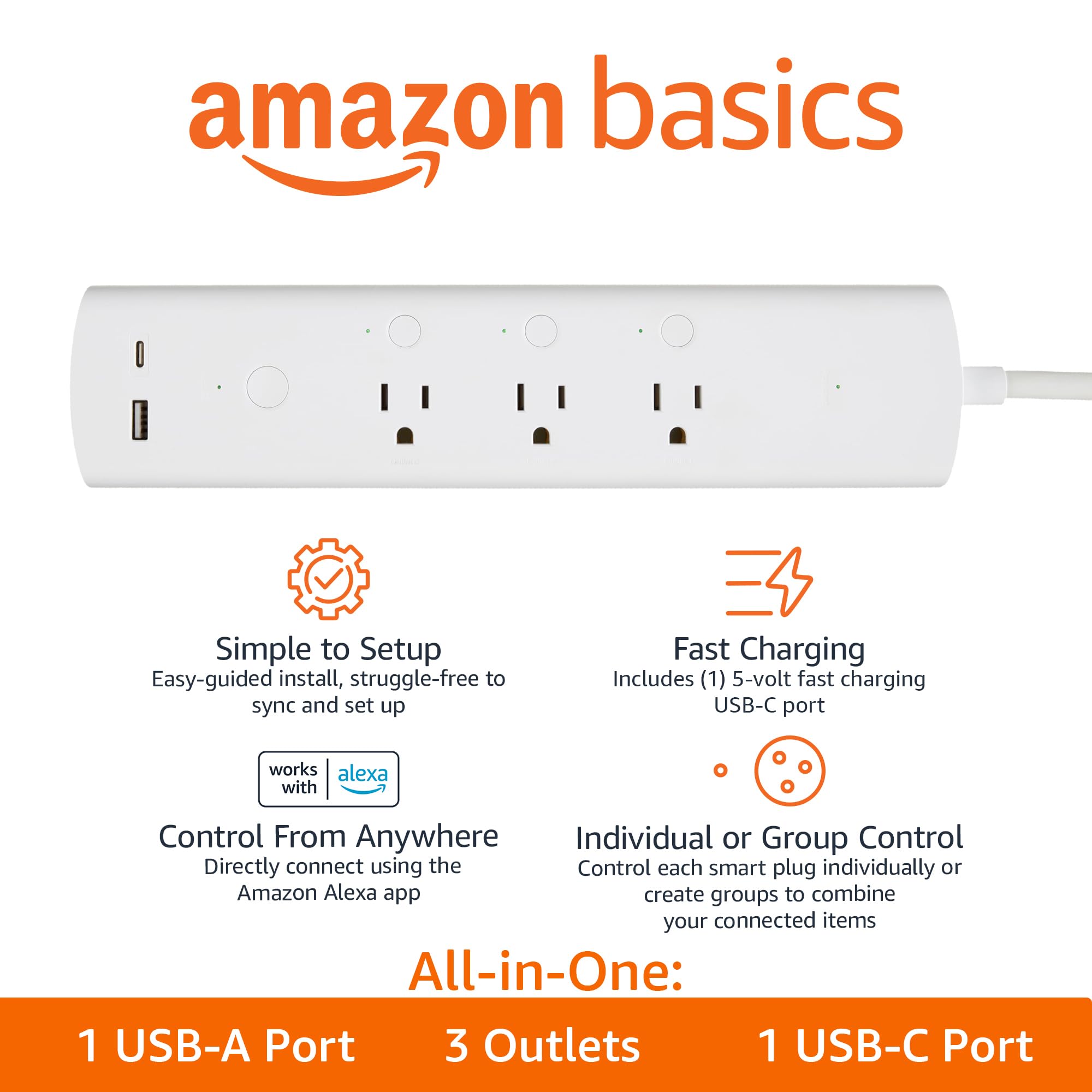 Amazon Basics Smart Power Strip With 3 Independent Outlets