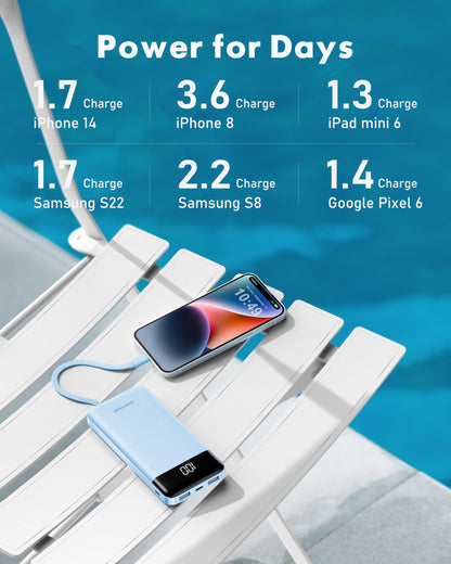 Charmast Slim 10000mAh Power Bank With Built In Cables
