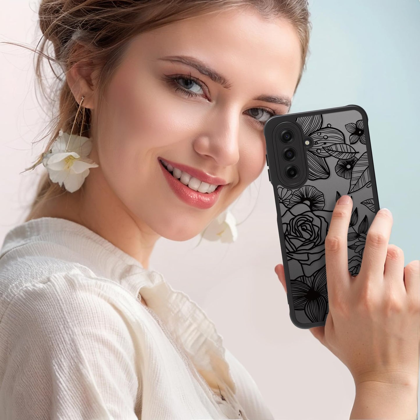 Samsung Galaxy A16 5G Case Black Line Art Floral Rose Pattern Heavy Duty PC