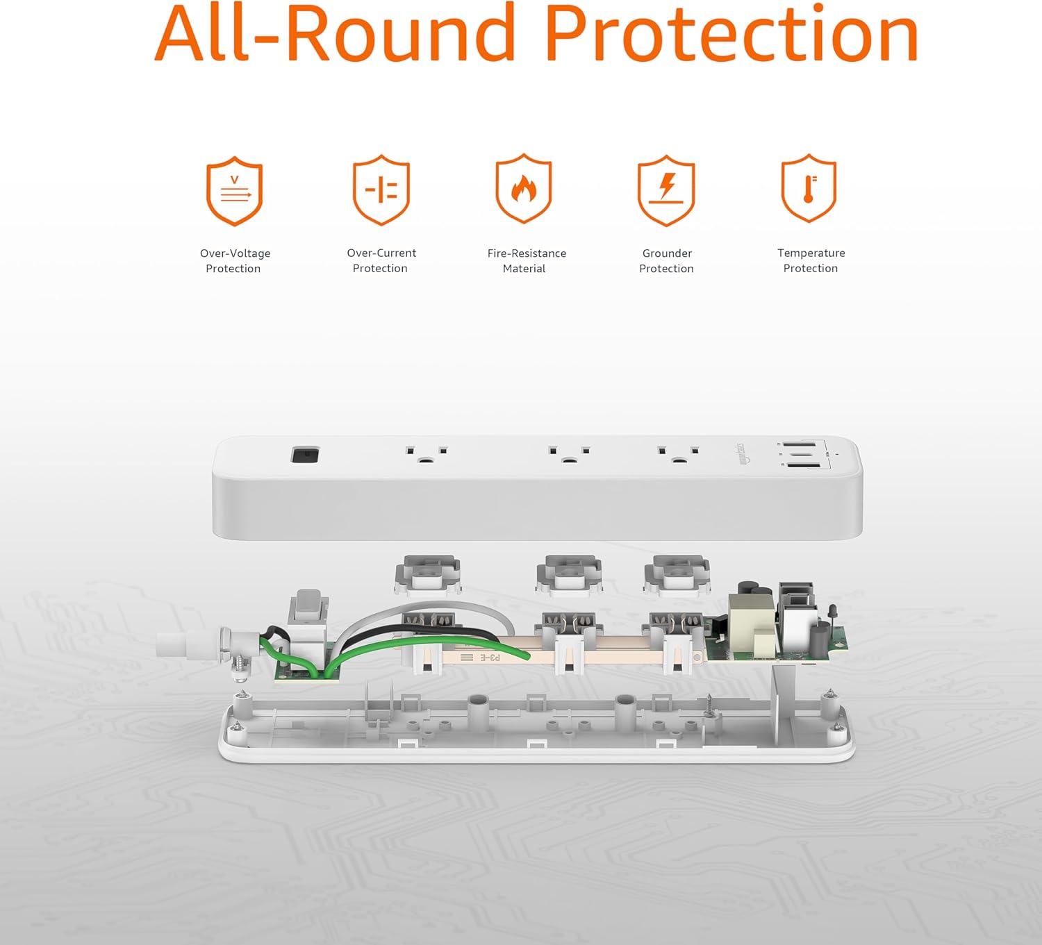 Power Strip With Three USB Ports And Five Foot Cord