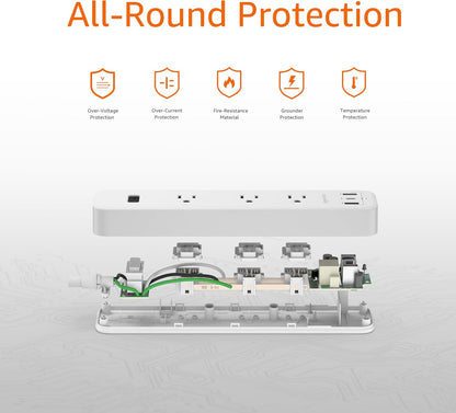 Power Strip With Three USB Ports And Five Foot Cord