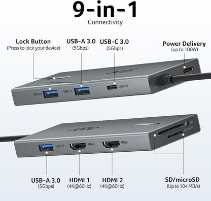 Acer USB C Docking Station 9 In 1 Dual 4K HDMI PD 100W