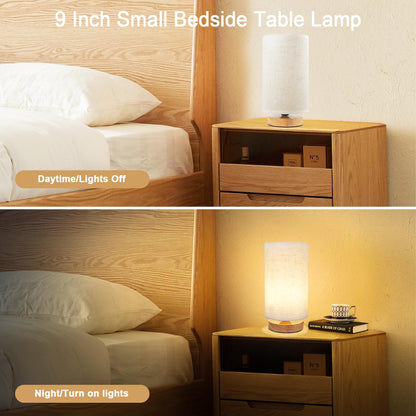 Small Bedside Lamp With Wood Base And Round Warm White Shade