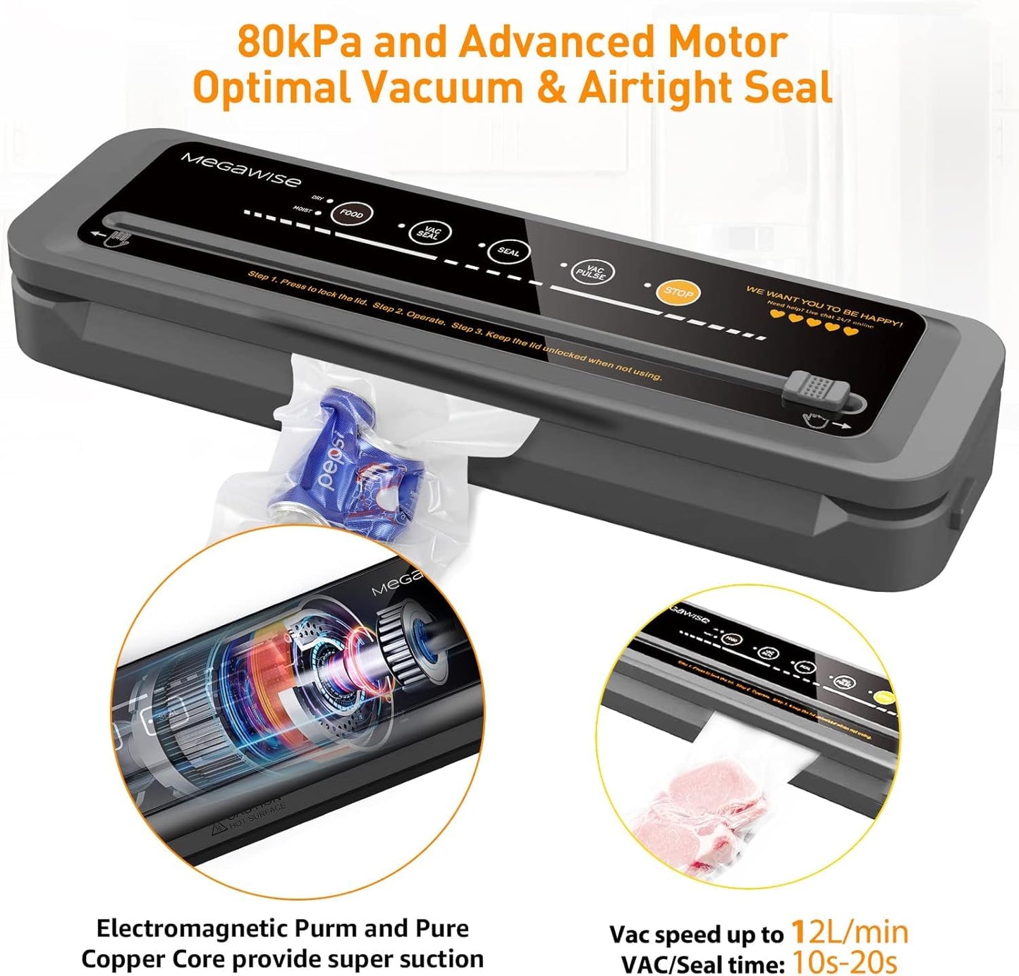 MegaWise Vacuum Sealer Machine With 80kPa Suction Power