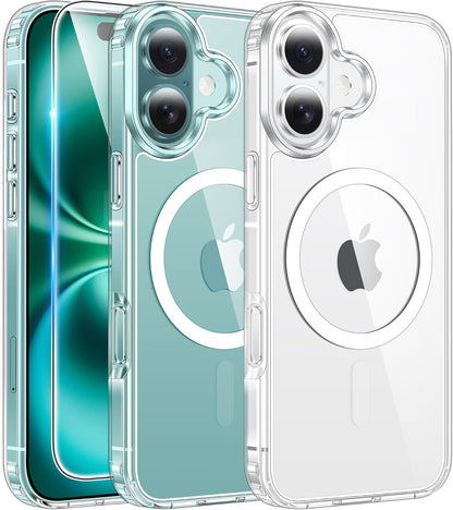 FNTCASE IPhone 16 Case Clear Magnetic MagSafe Screen Protector Drop Proof Rugged