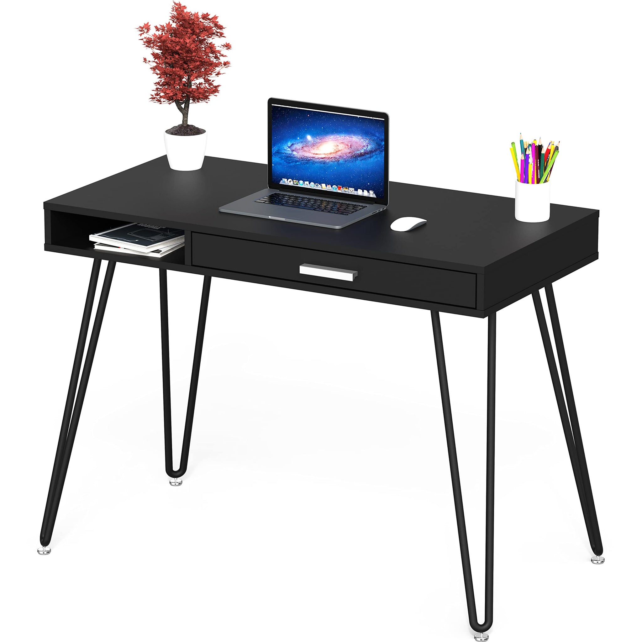 Elegant White Hairpin Leg Desk with Drawer