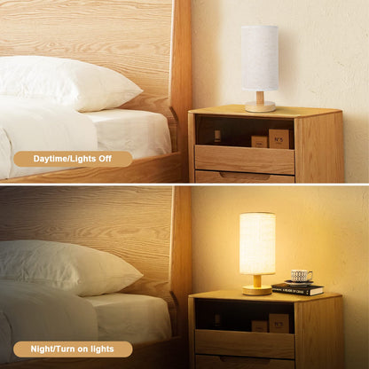 Small Bedside Lamp With Wood Base And Round Warm White Shade