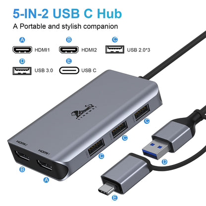 USB C Docking Station Dual Monitor 4K HDMI Hub 6 In 1
