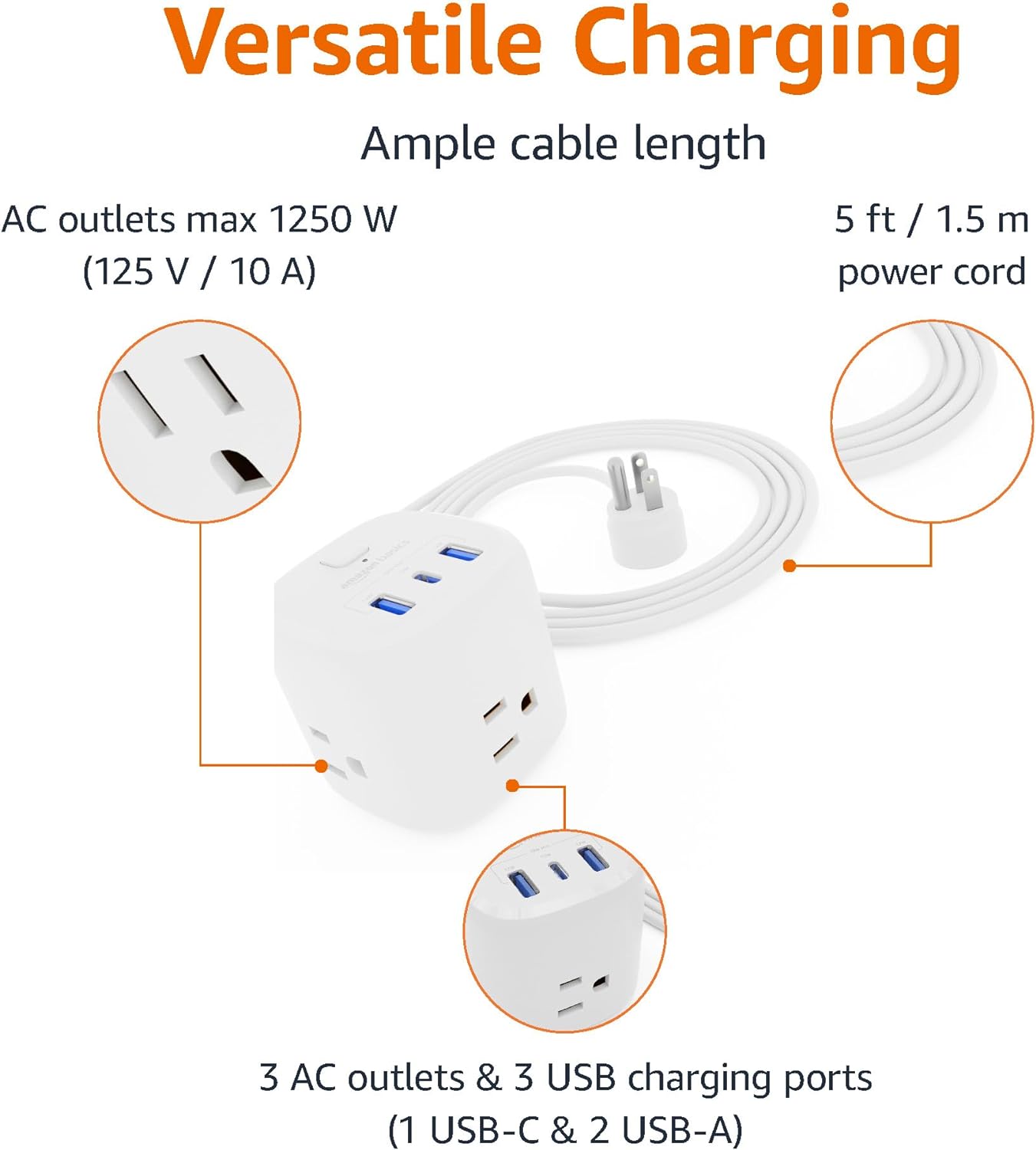 Amazon Basics Power Strip Cube 3 Outlets USB C Compact
