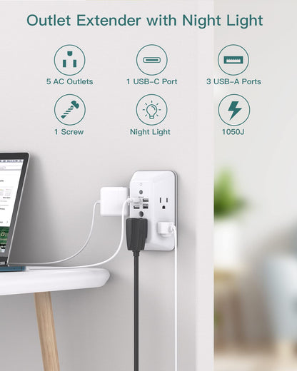 Addtam 9 In 1 USB Wall Outlet With Night Light 5 Outlets