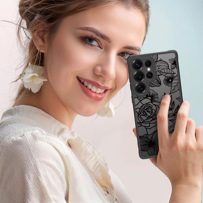 Samsung Galaxy A16 5G Case Black Line Art Floral Rose Pattern Heavy Duty PC