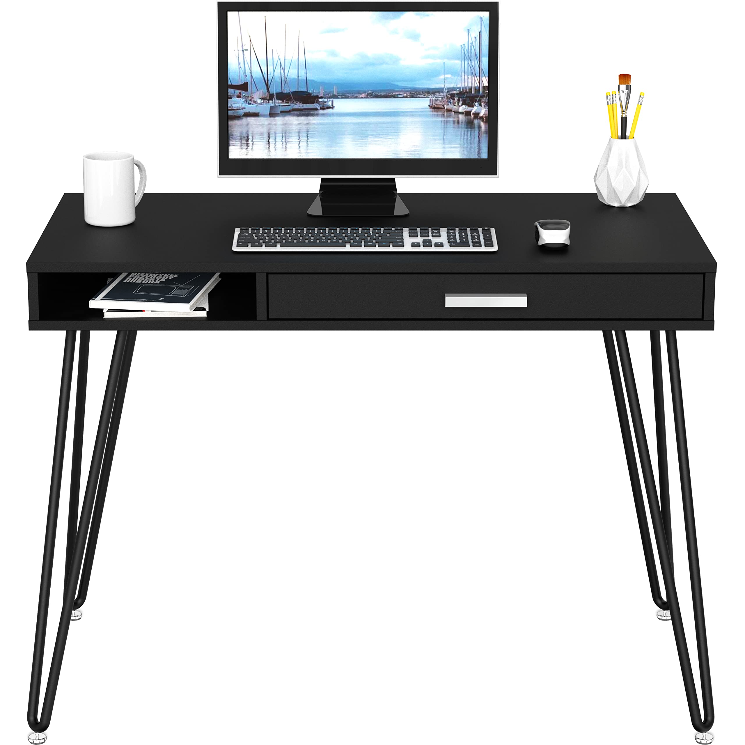 Elegant White Hairpin Leg Desk with Drawer