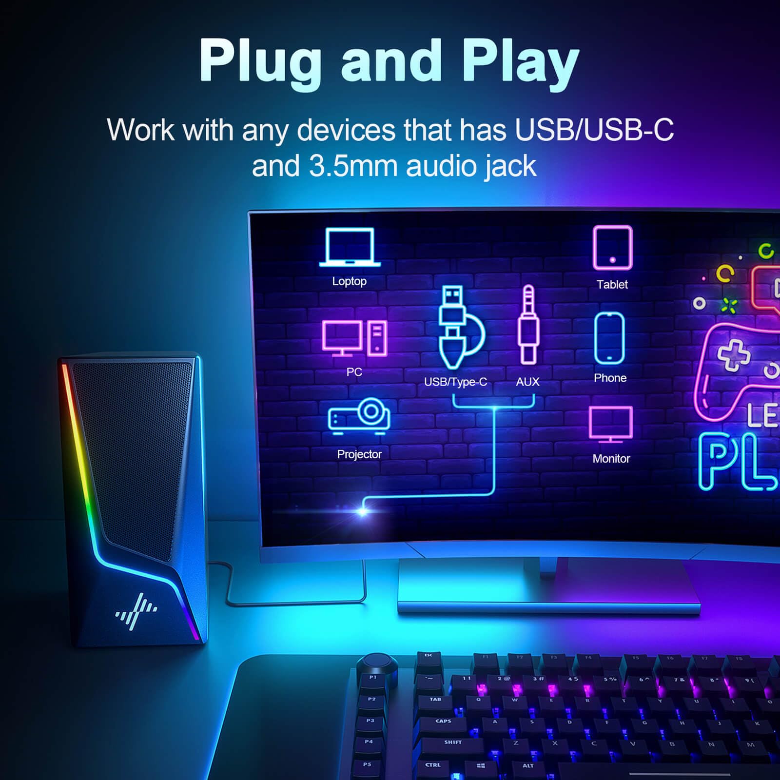 USB Powered Computer Speakers with Bass Boost and Lighting Modes