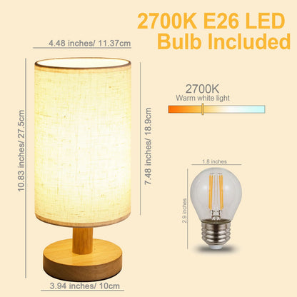 Small Bedside Lamp With Wood Base And Round Warm White Shade