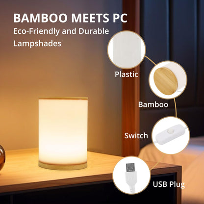 Small Bedside Lamp With Wood Base And Round Warm White Shade