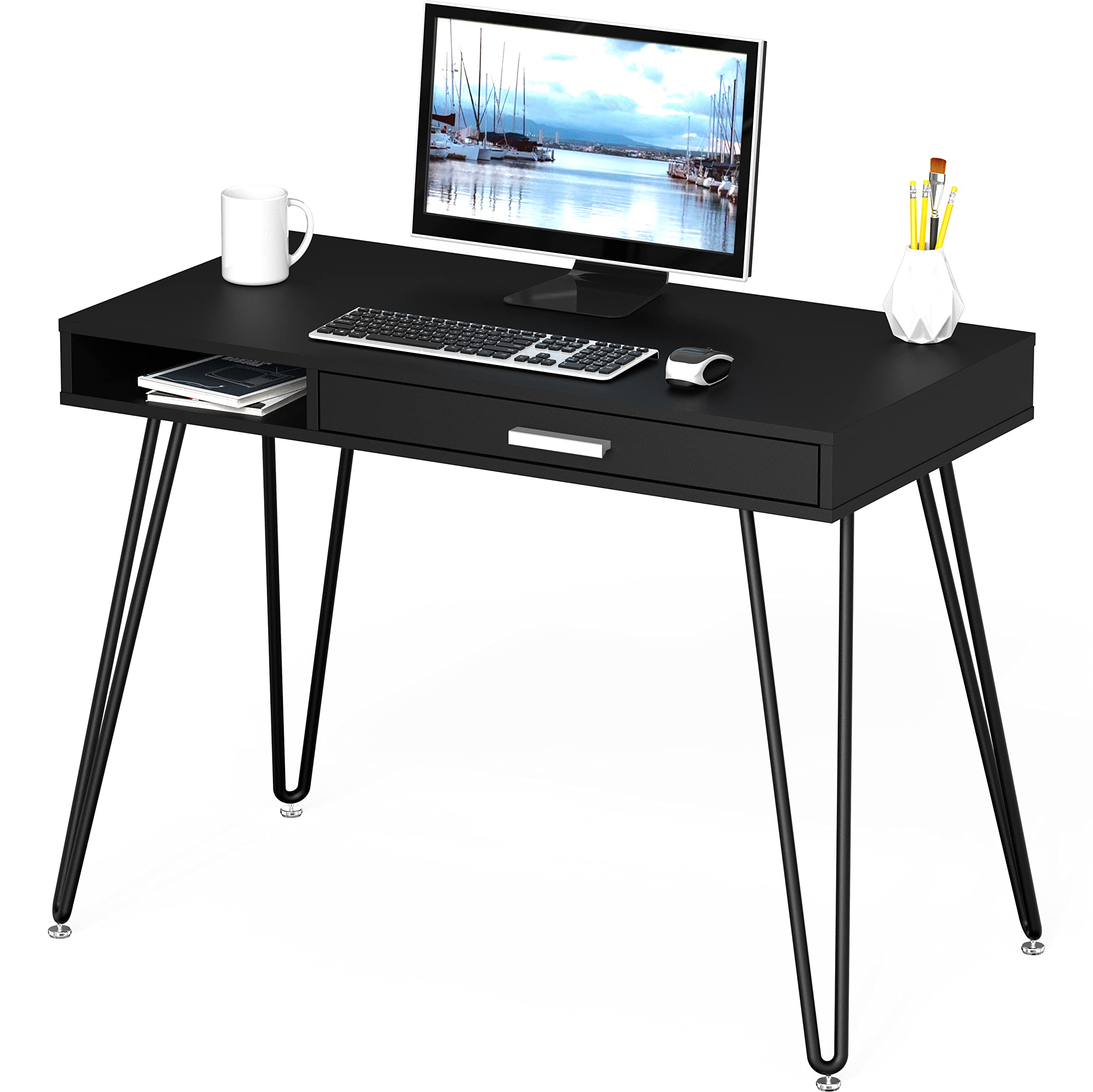 Elegant White Hairpin Leg Desk with Drawer