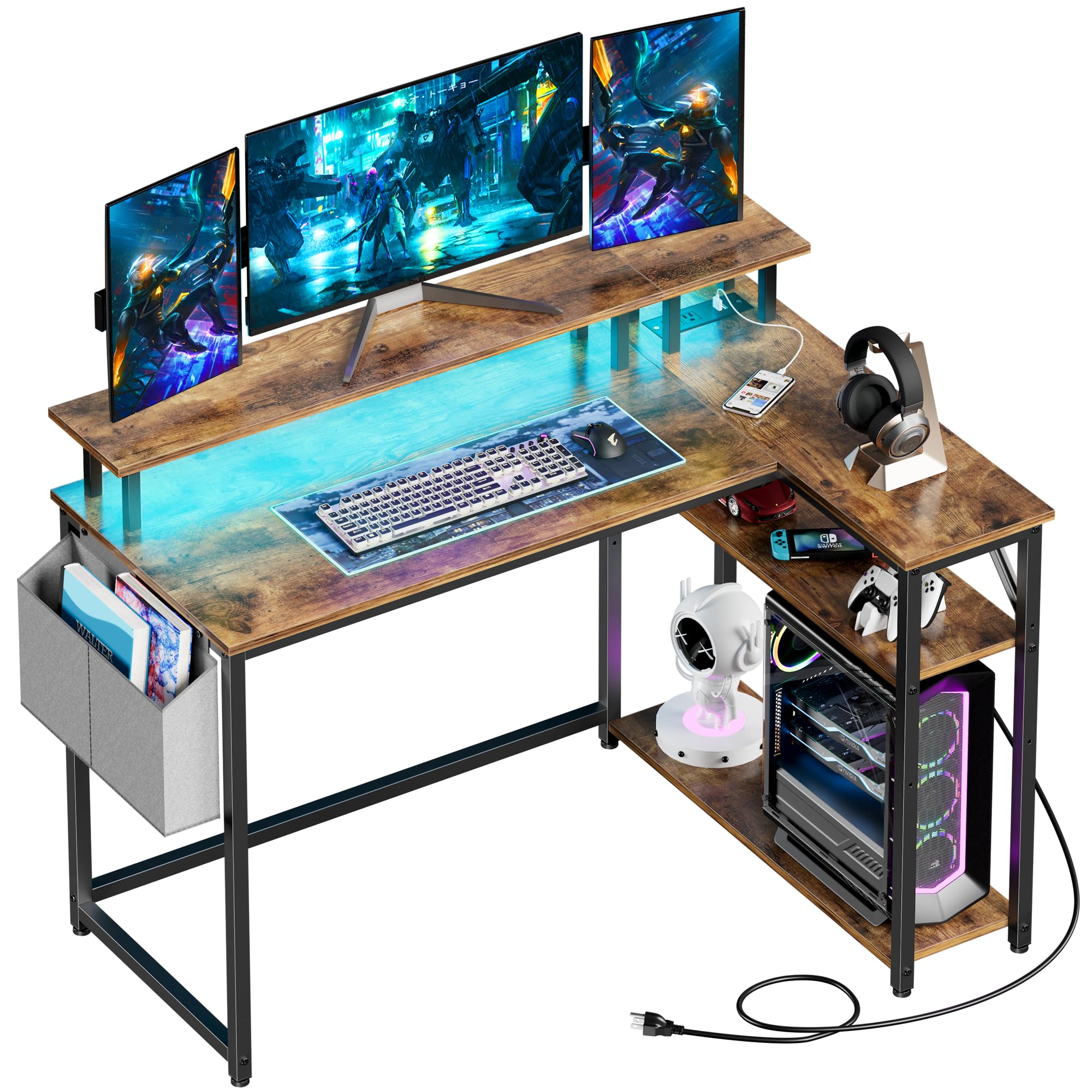 L Shaped Desk with Power Outlets and LED Lights