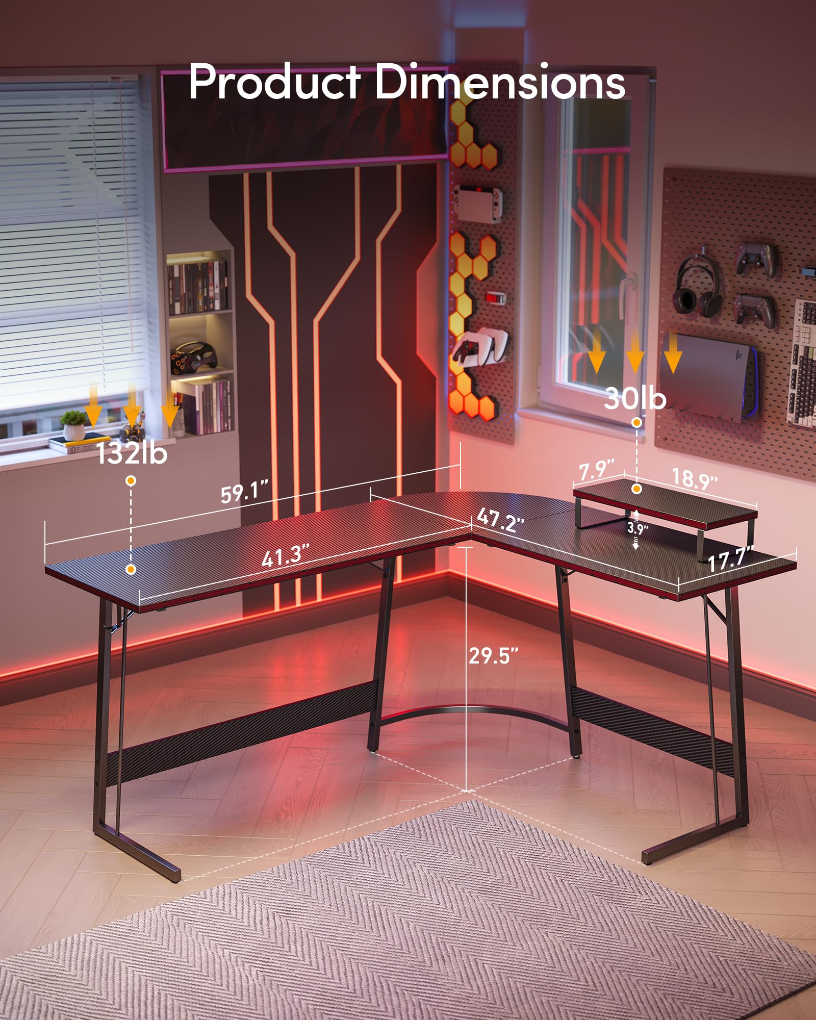 CubiCubi L Shaped Gaming Desk with Carbon Fiber Surface