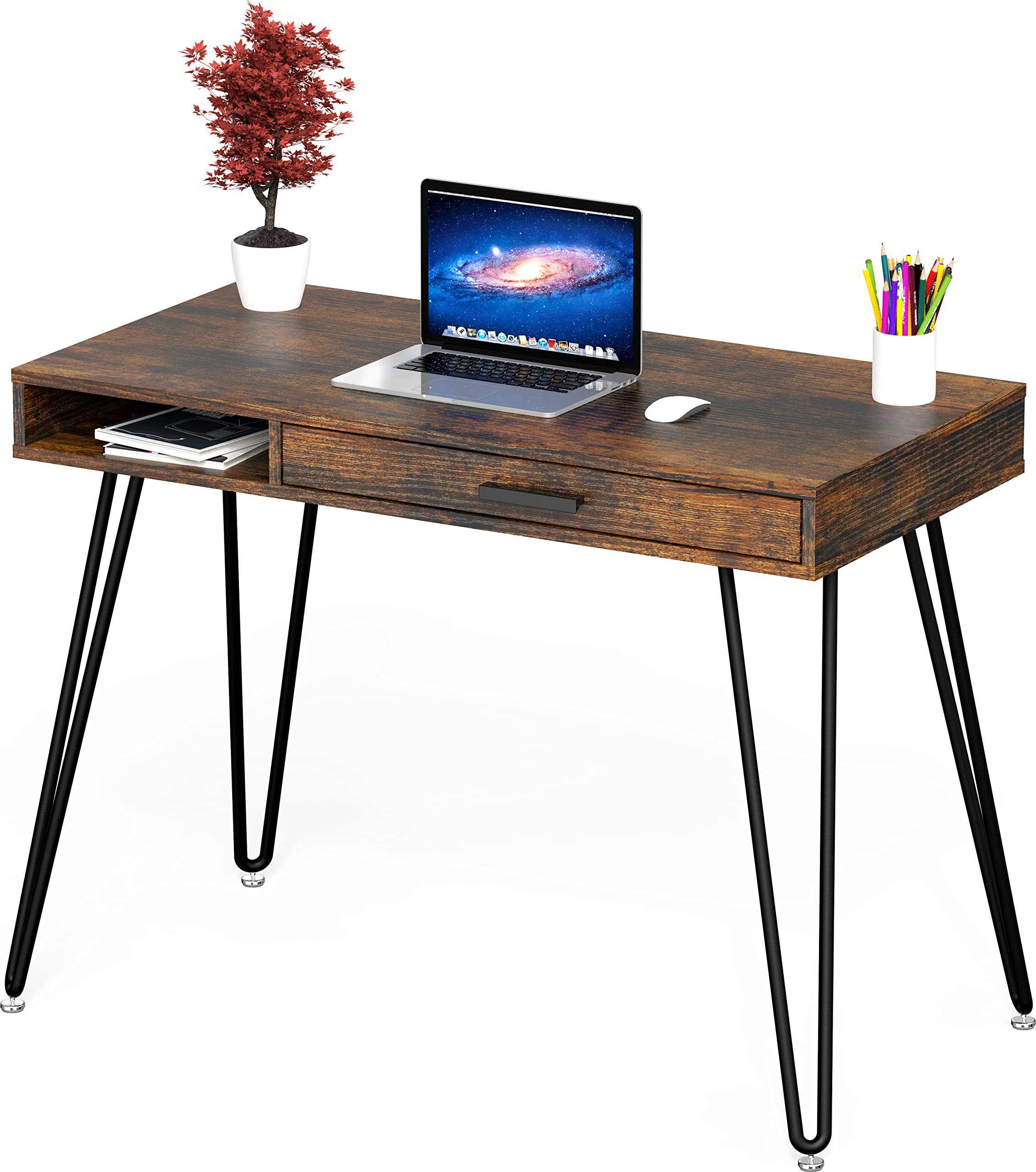 Elegant White Hairpin Leg Desk with Drawer
