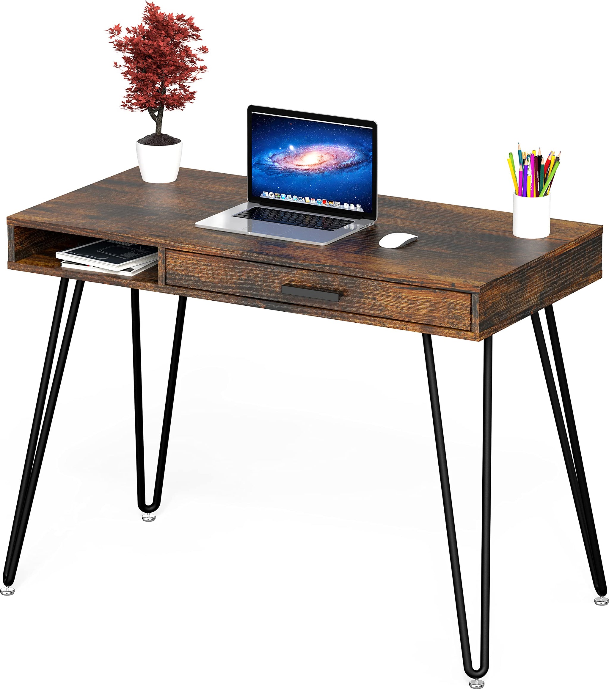Elegant White Hairpin Leg Desk with Drawer