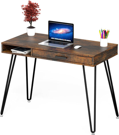 Elegant White Hairpin Leg Desk with Drawer