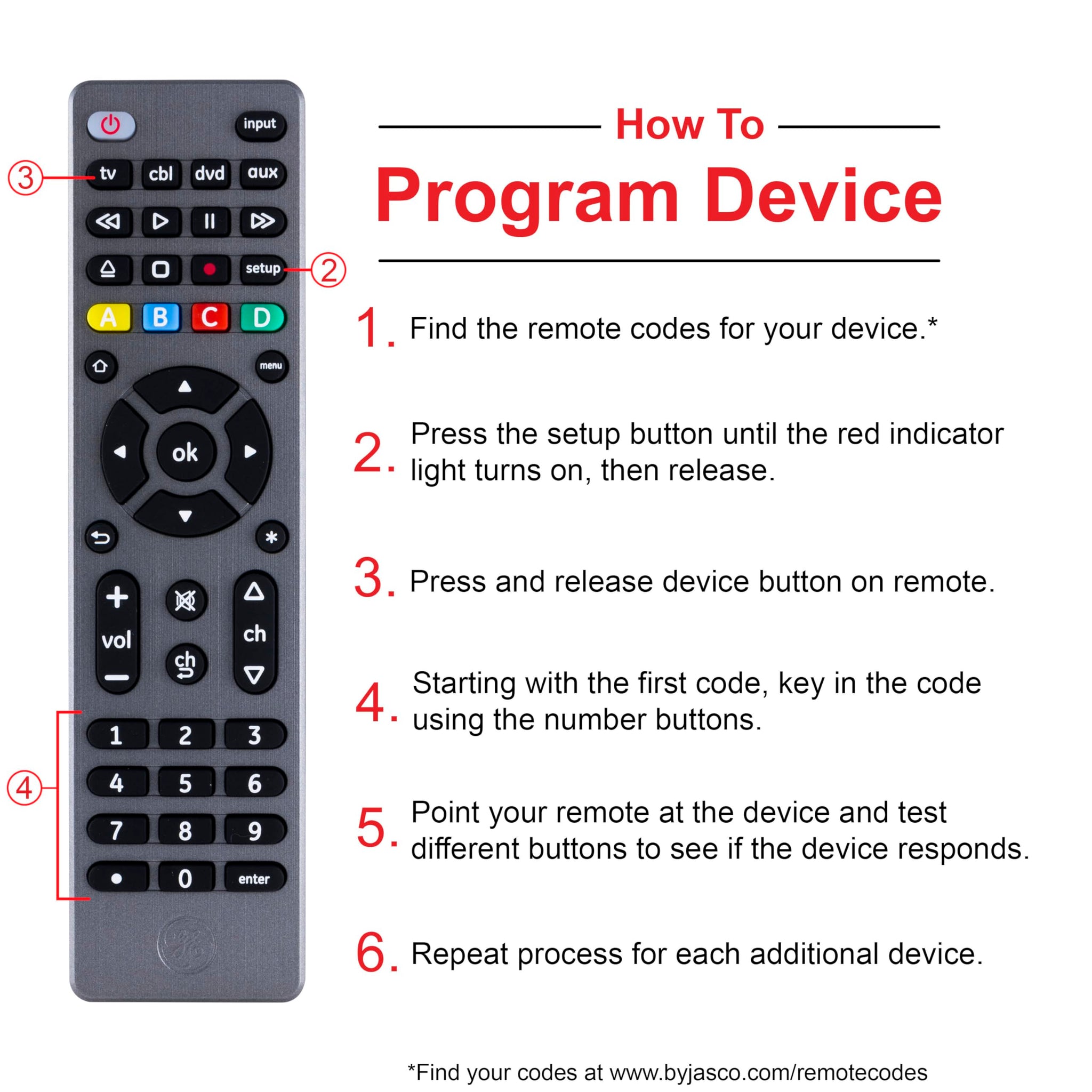 GE Universal Remote Control for 4 Devices Easy Setup