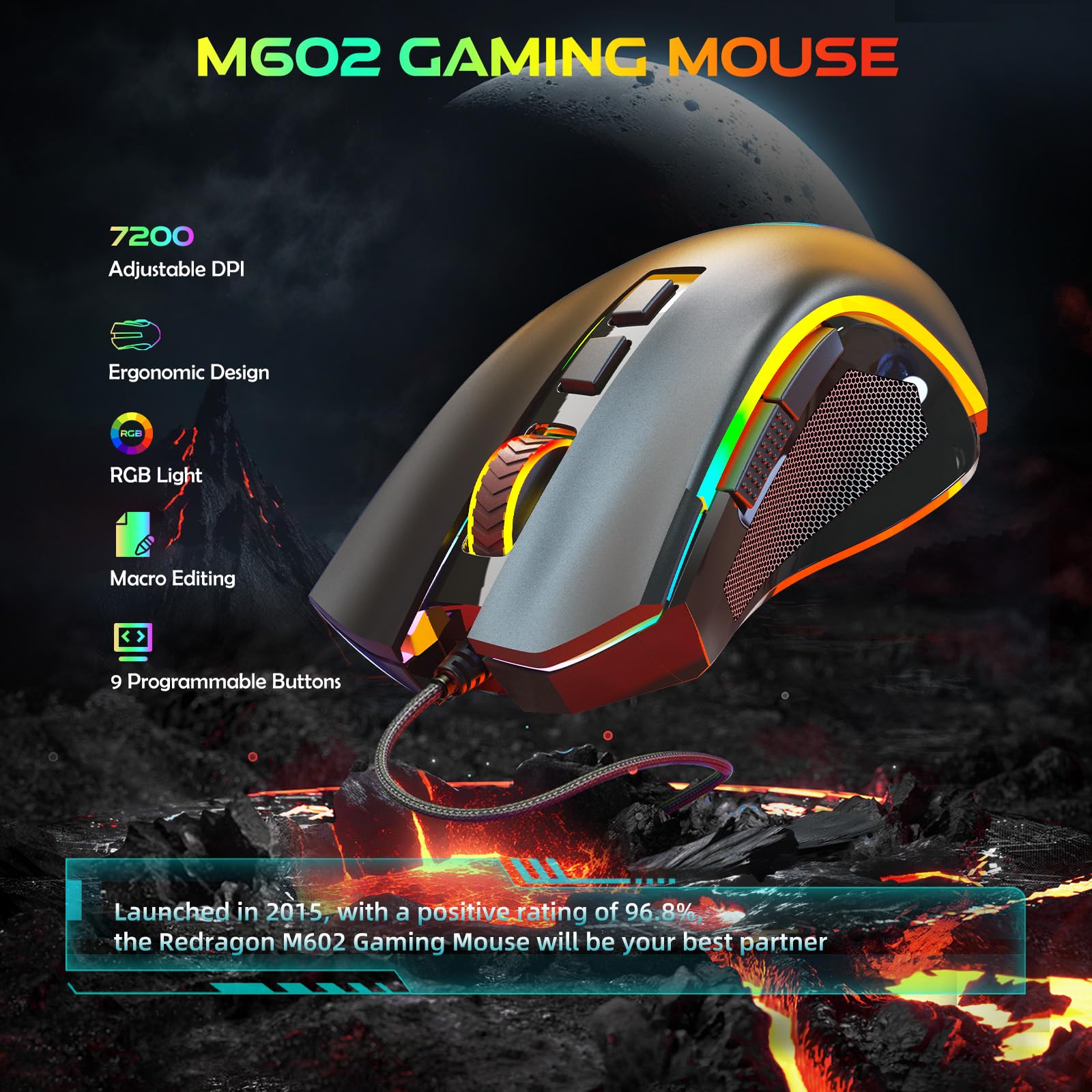 Redragon M602 Ergonomic RGB Gaming Mouse with Adjustable DPI
