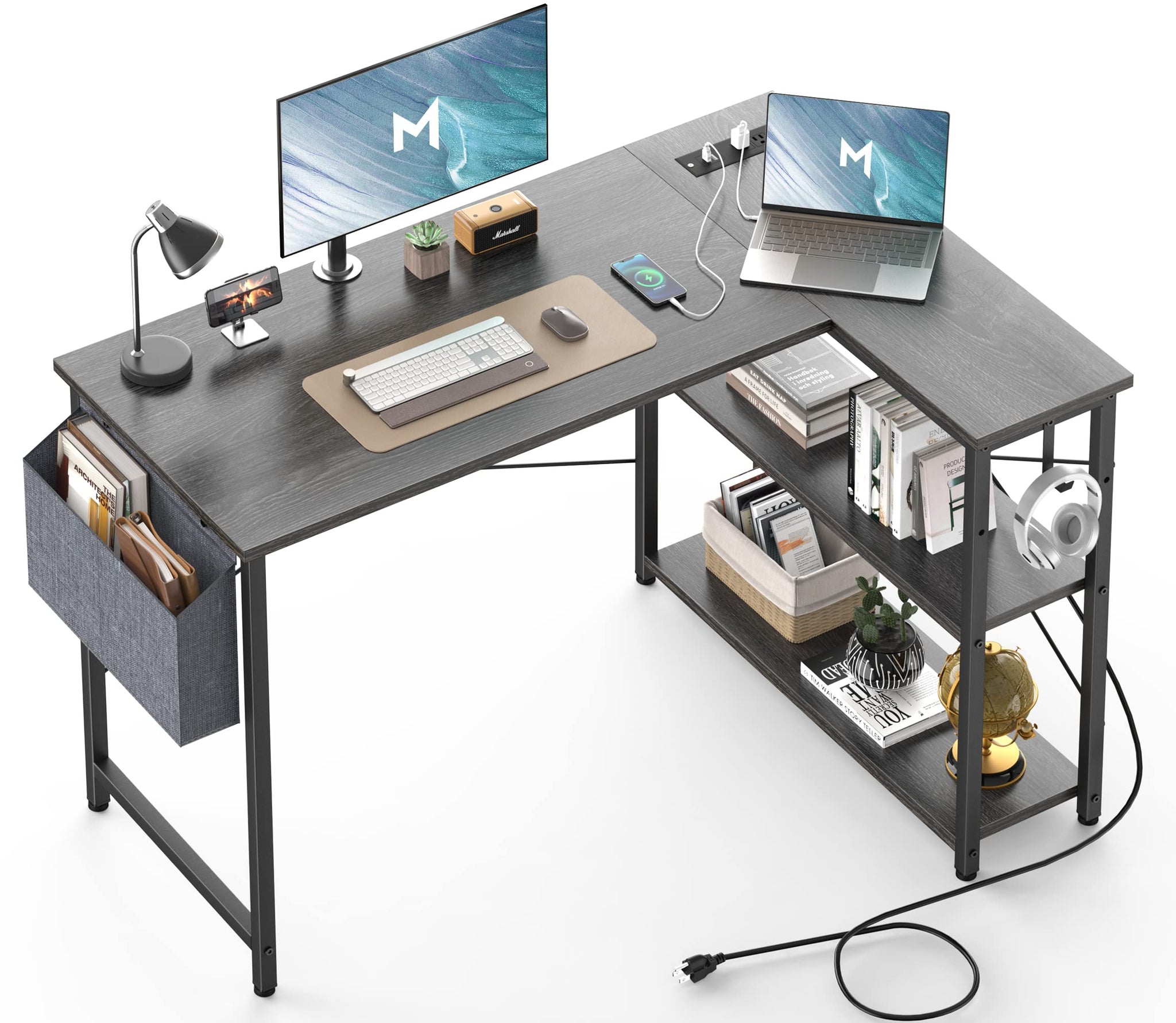 L Shaped Office Desk with USB Ports for Small Spaces