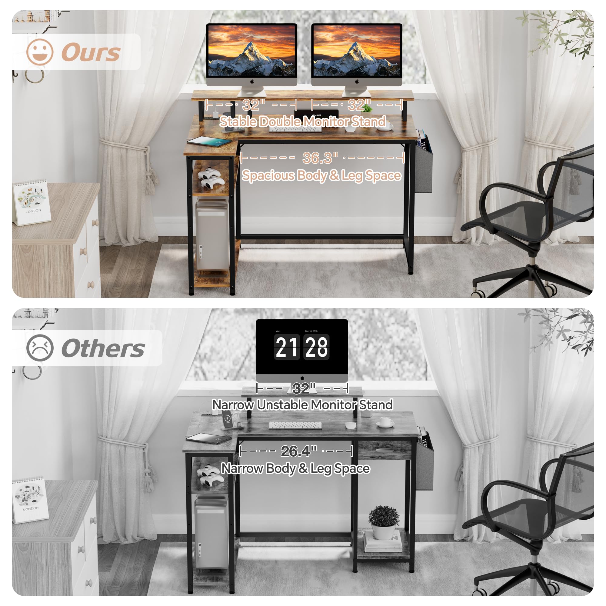 L Shaped Desk with Power Outlets and LED Lights