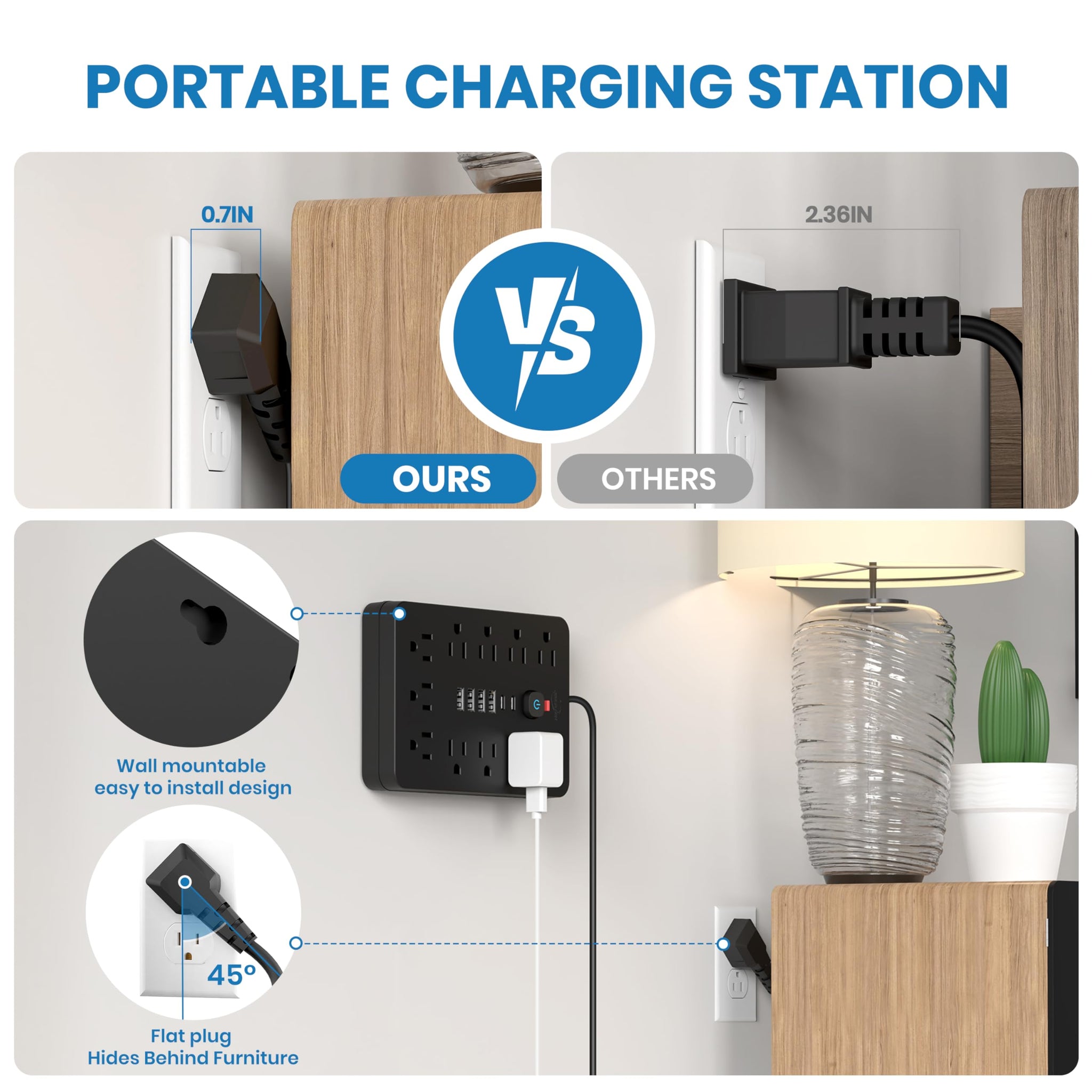 Power Strip Surge Protector With USB Ports Wall Mount