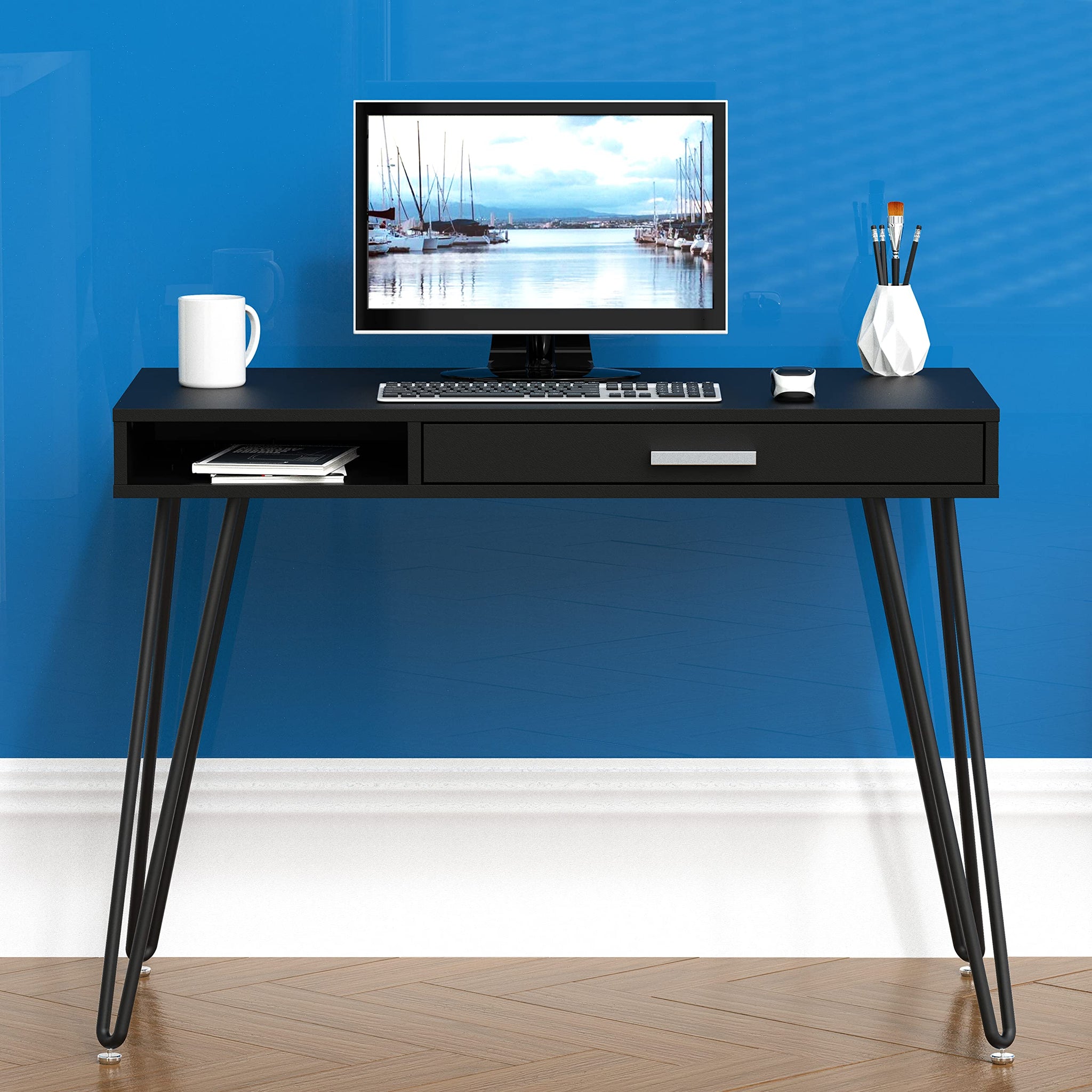Elegant White Hairpin Leg Desk with Drawer