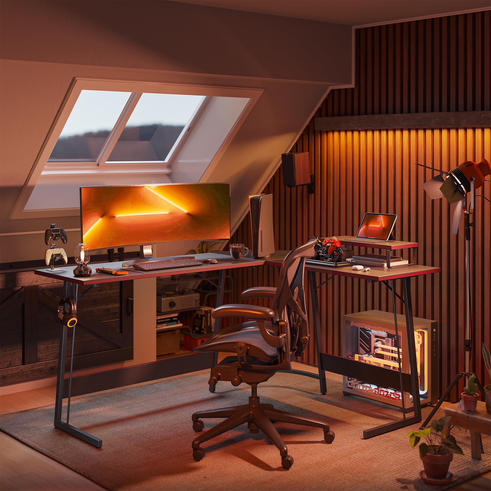 CubiCubi L Shaped Gaming Desk with Carbon Fiber Surface