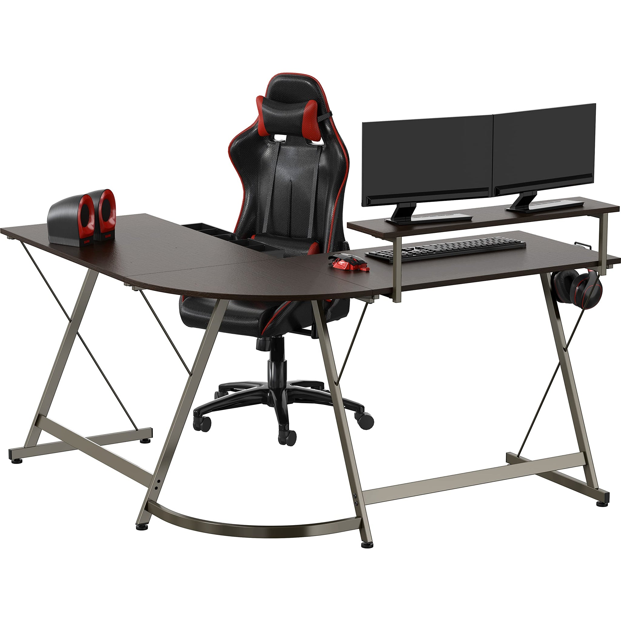 L Shaped Black Desk with Monitor Stand and Drawer