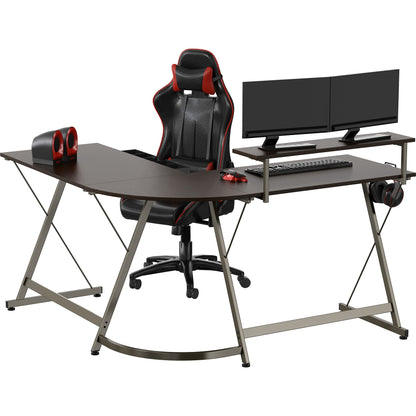 L Shaped Black Desk with Monitor Stand and Drawer