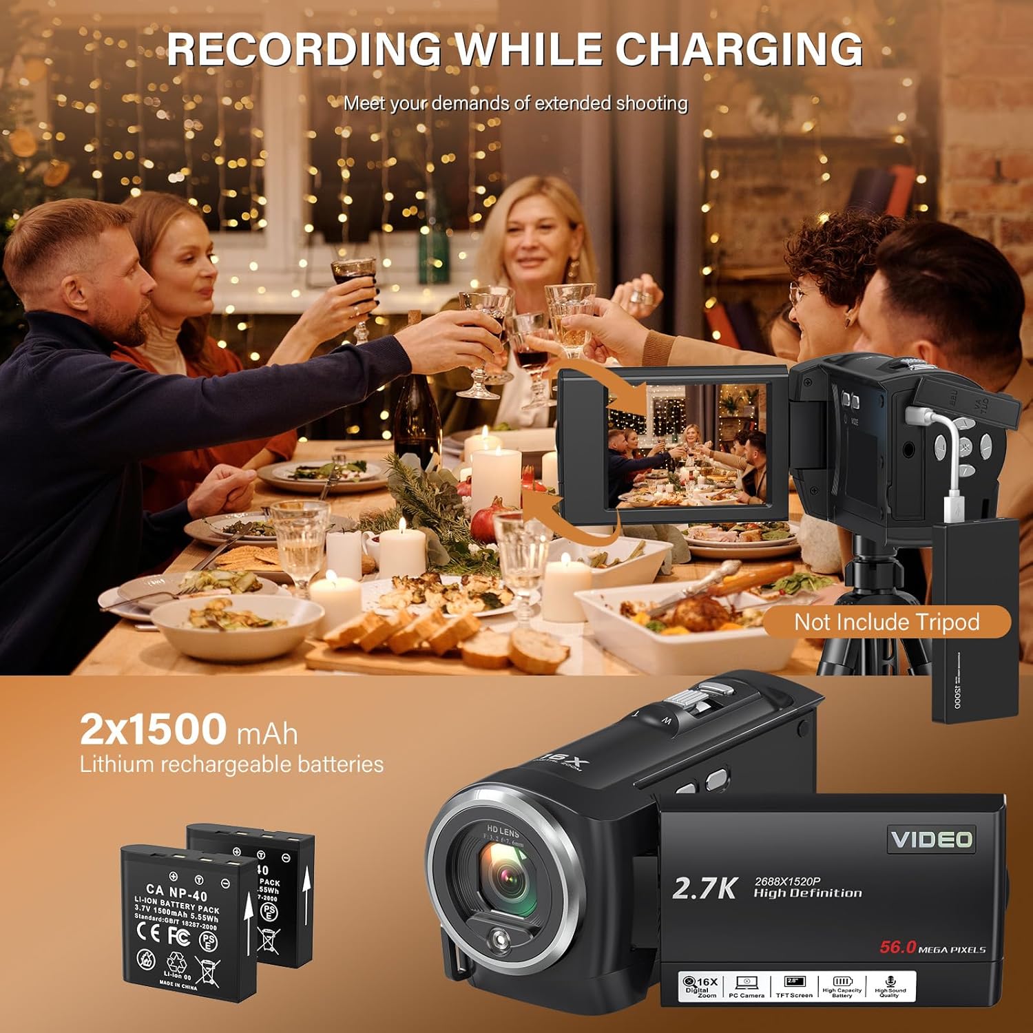 QHD 2.7K Camcorder with 16X Zoom and LED Light