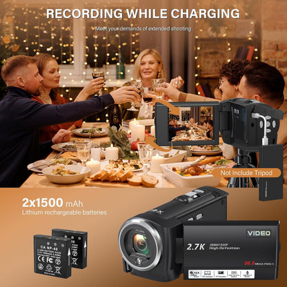 QHD 2.7K Camcorder with 16X Zoom and LED Light