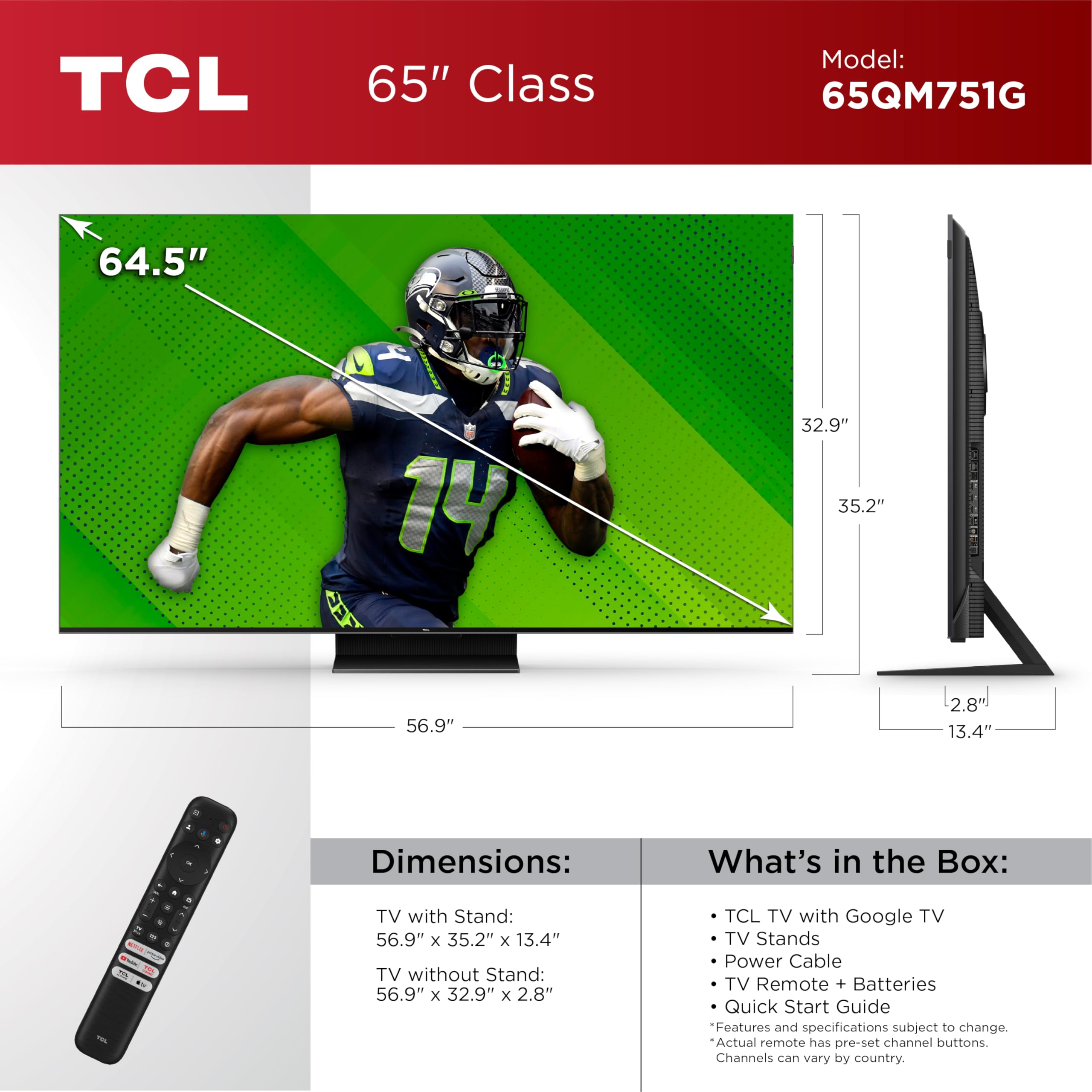 TCL 65 Inch QLED 4K Smart TV with Dolby Vision