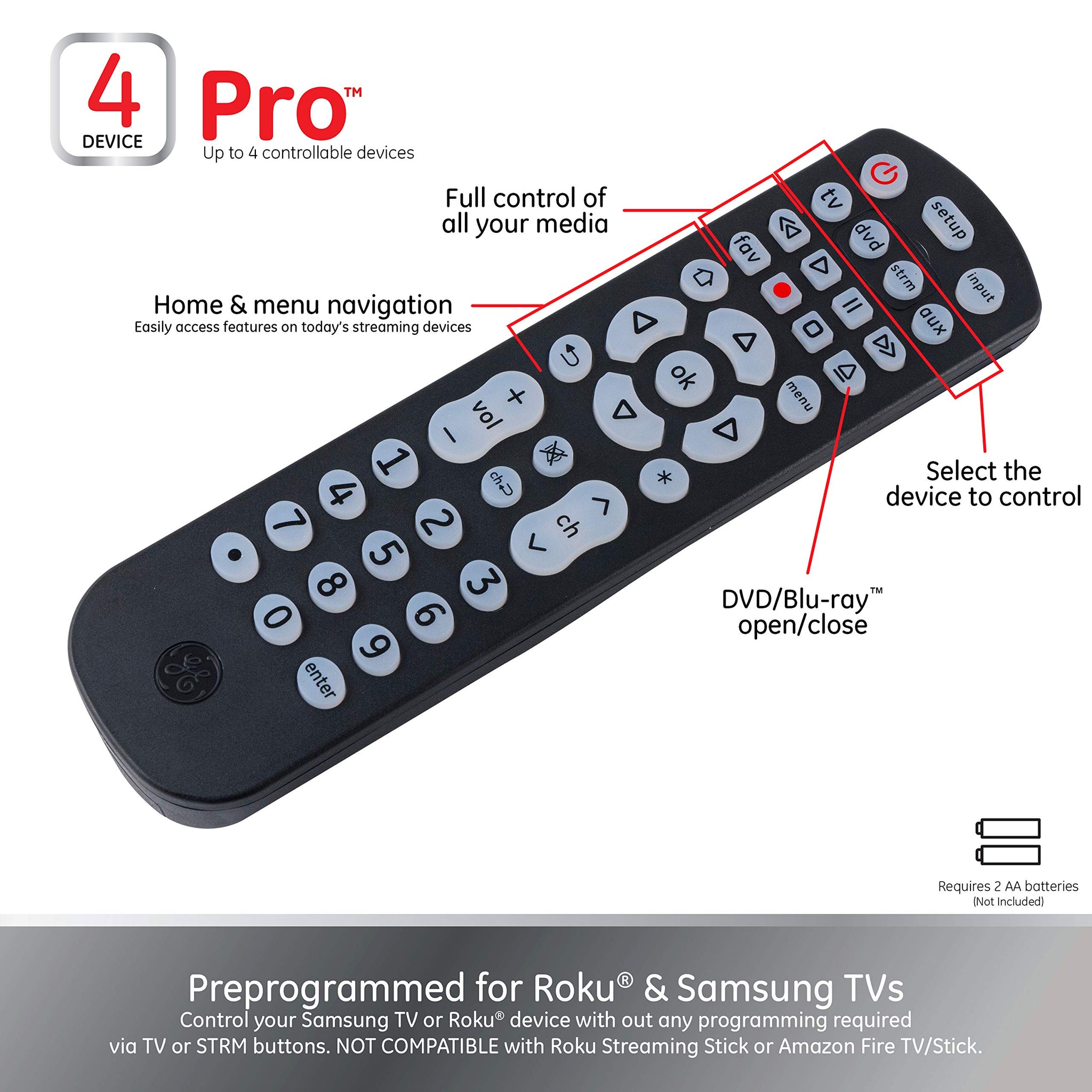 Universal Remote Control for 4 Devices in Black