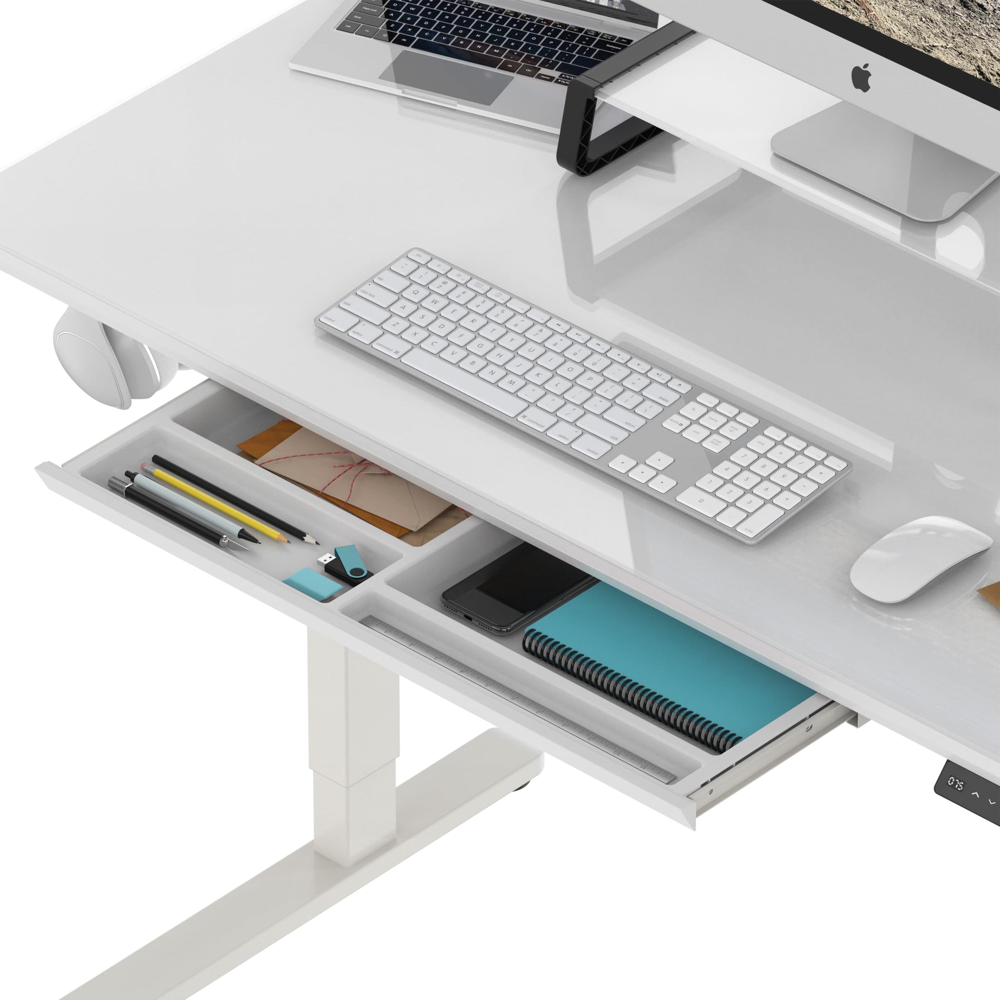 Height Adjustable Glass Desk With Monitor Riser