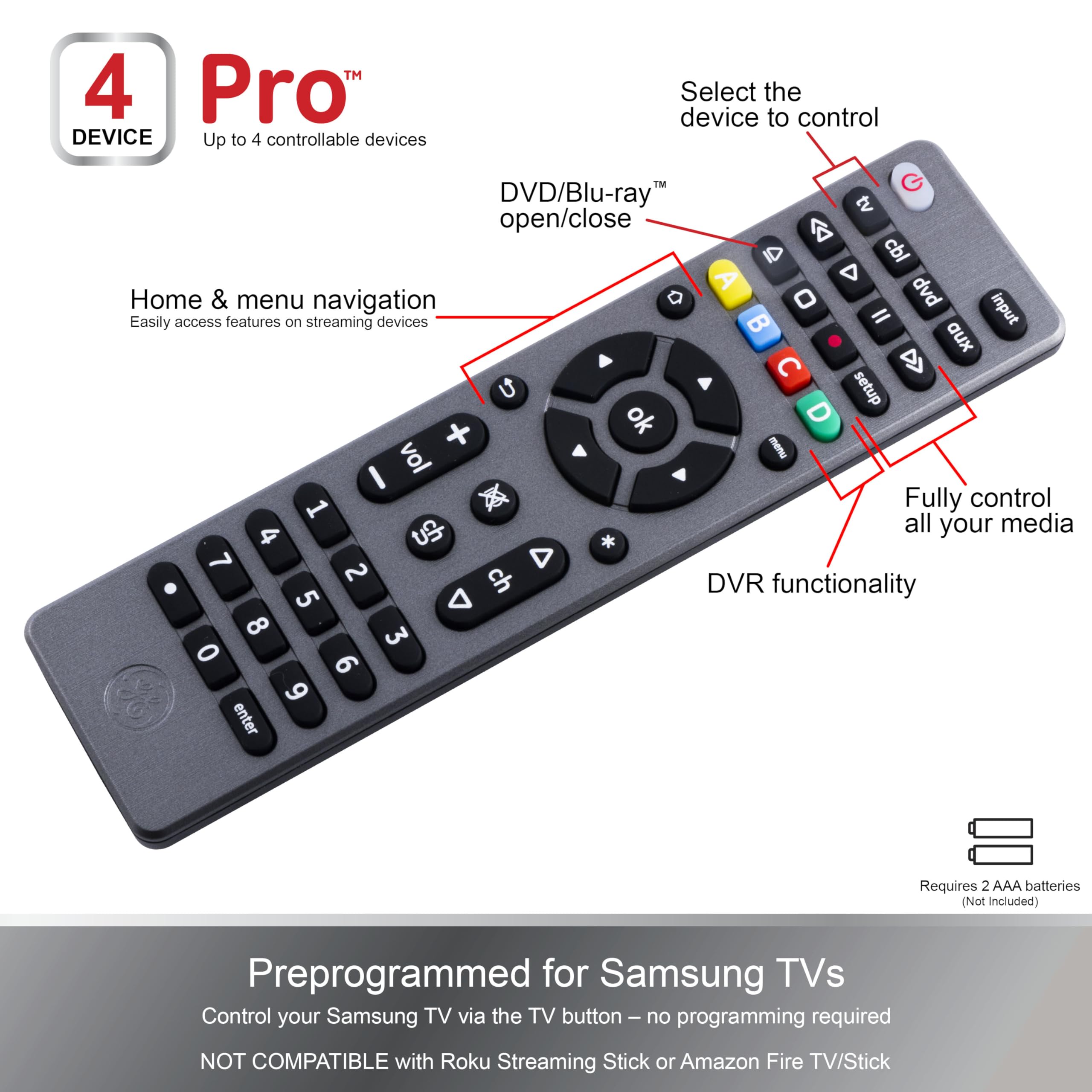 GE Universal Remote Control for 4 Devices Easy Setup