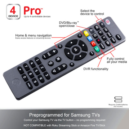 GE Universal Remote Control for 4 Devices Easy Setup